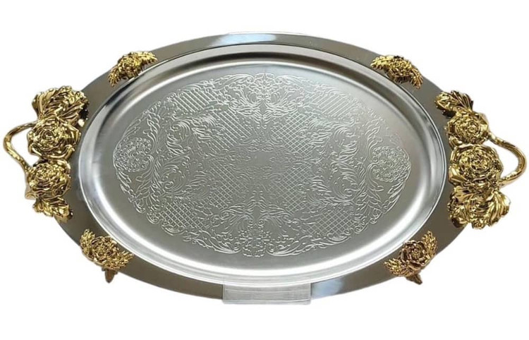 سینی استیل بیضی با طرح دسته رز رنگ طلایی سلینا کد 9546 SELINA